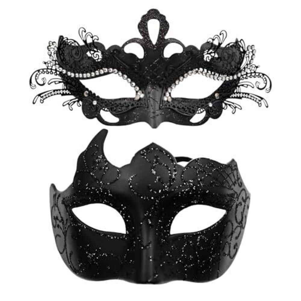 6587 Masquerade Mask Couples Set: Black Rhinestones Metal Cosplay Venetian